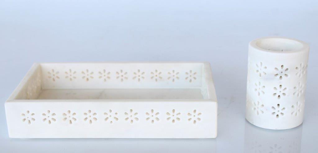 White Rectangular Daisy Cutout Marble Tray